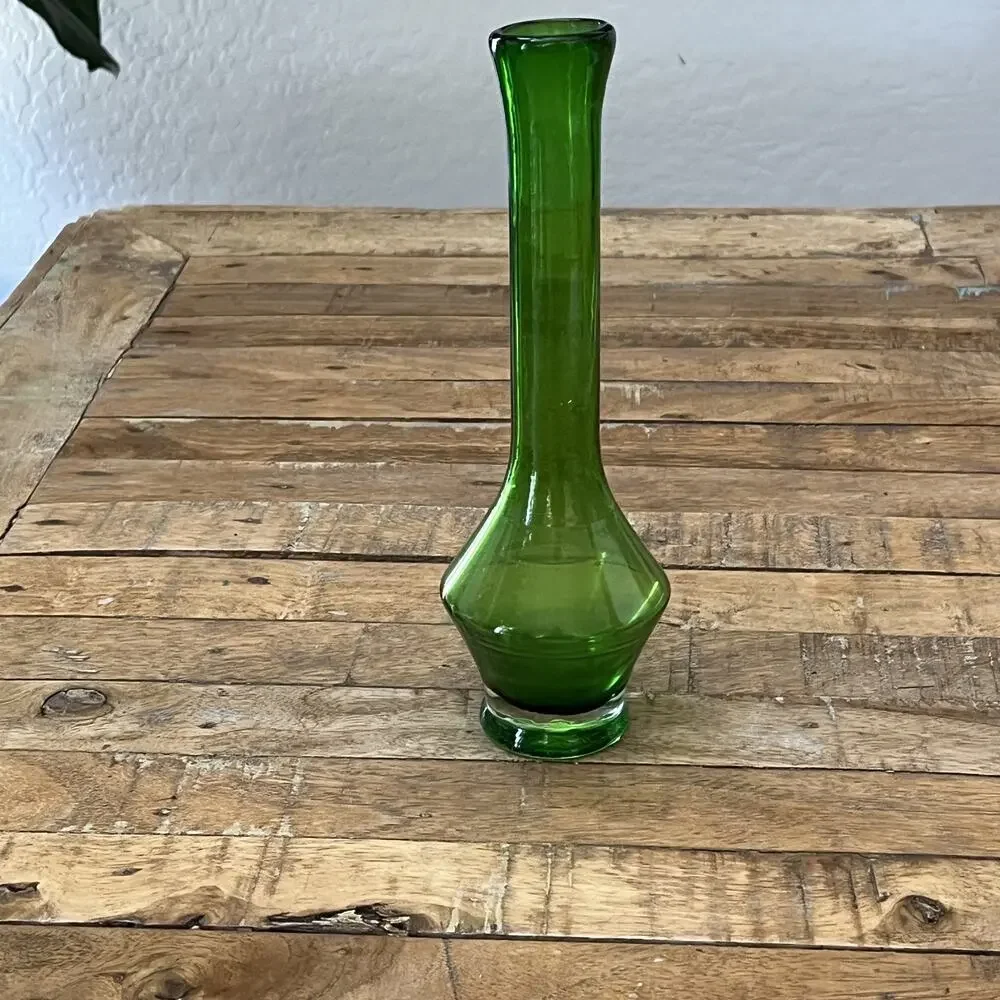 Hand-Blown Green Glass Bud Vase 10.5
